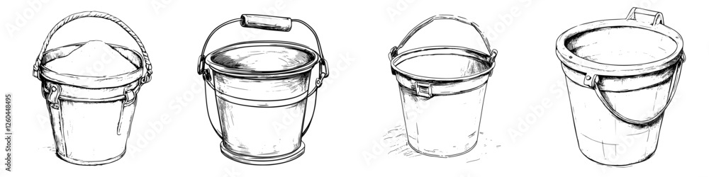 Poster various types of buckets illustrating different shapes and designs for versatile uses in everyday li