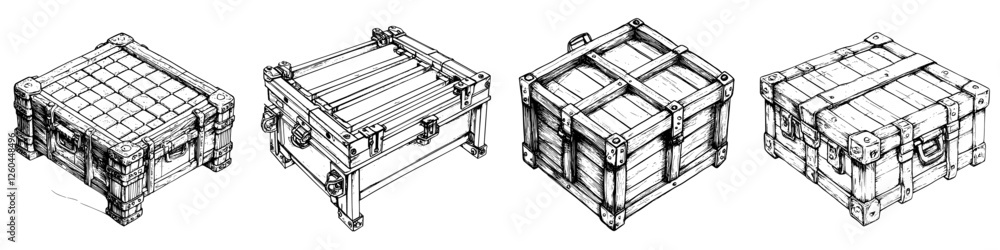 Poster it depicts four distinct wooden crates showcasing varied designs and structures, emphasizing craftsm
