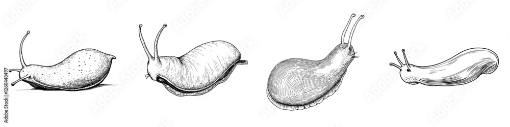 Poster different types of slugs displayed in a detailed illustration capturing their unique forms and chara