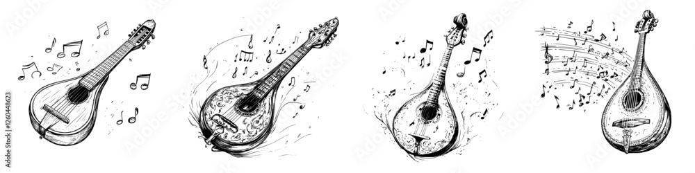 Poster melodic string instruments with musical notes flowing around them in a creative illustration