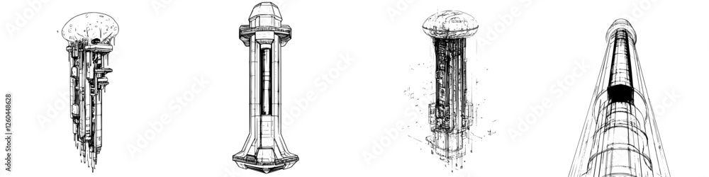 Aufkleber detailed sketches of futuristic structures showcasing advanced architectural designs and concepts