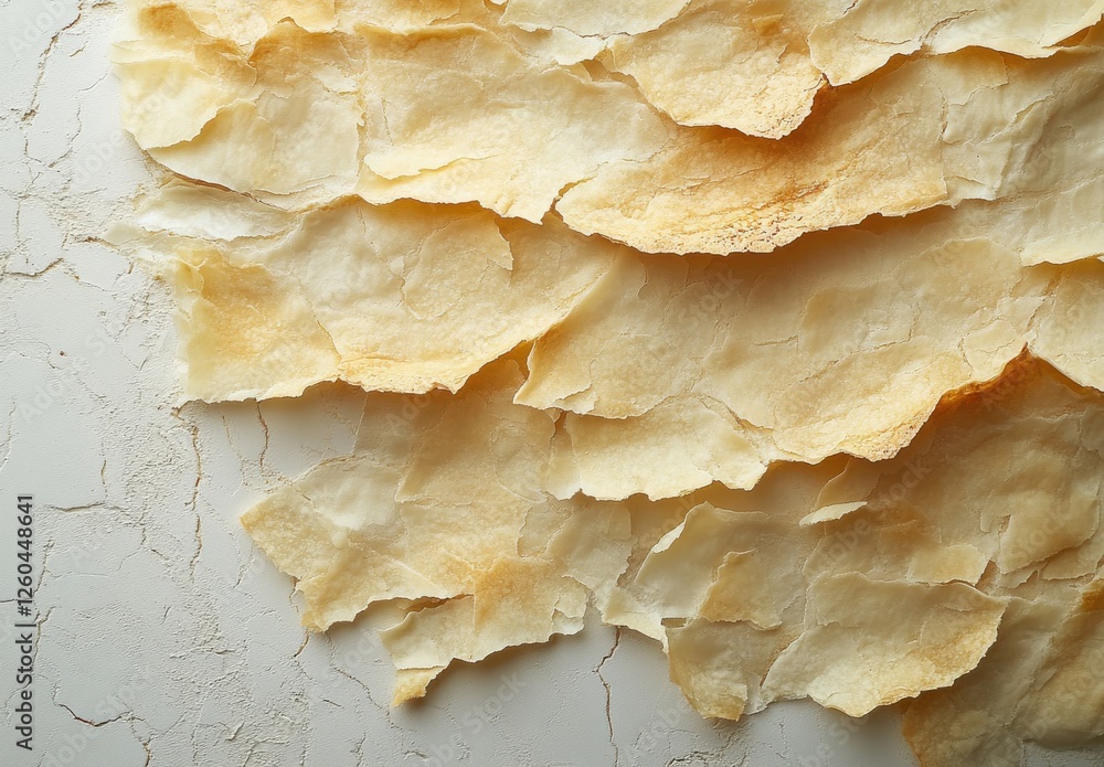 Poster textured layers of torn beige paper arranged artistically on a light background in an abstract compo