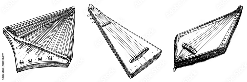 Poster wooden string instruments arranged artistically showcasing unique shapes and designs in a creative s