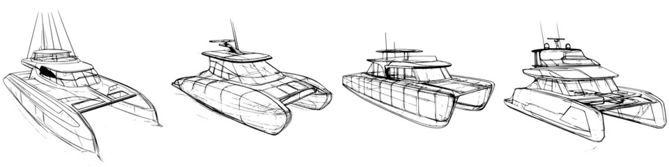 Fototapeta premium Various designs of catamarans showcased in a creative sketch format along with their unique structures and features