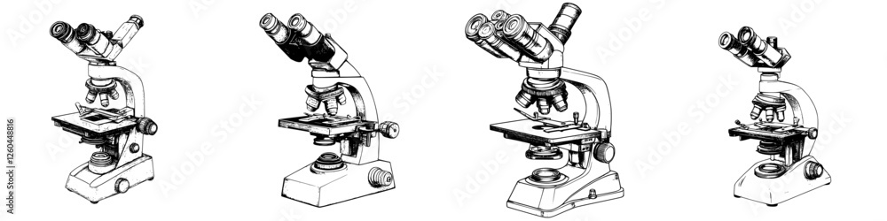 Poster different models of a laboratory microscope arranged in sequence with various features and designs h