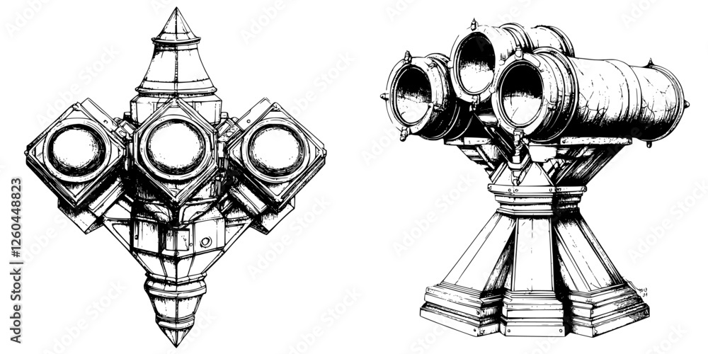 Poster detailed illustrations of retro-futuristic spacecraft propulsion systems featuring multiple thruster