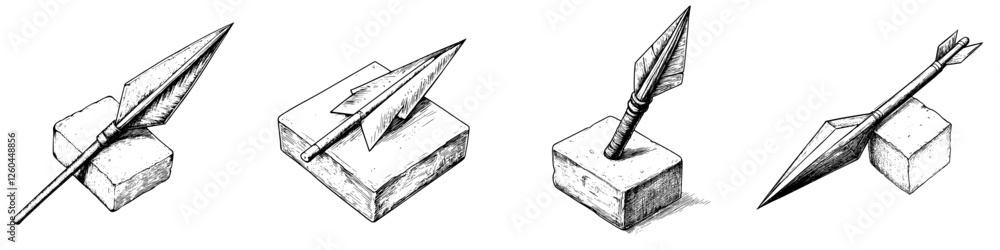 Aufkleber various types of arrows resting on stone blocks, showcasing diverse designs and craftsmanship in a c