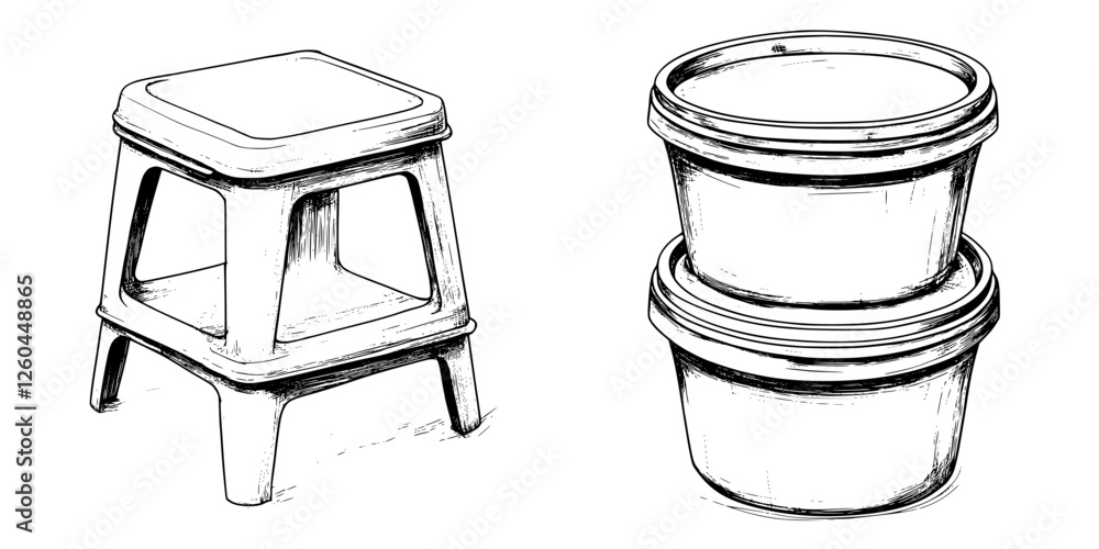 Aufkleber sturdy plastic stool and stackable containers in minimalist design for versatile home use