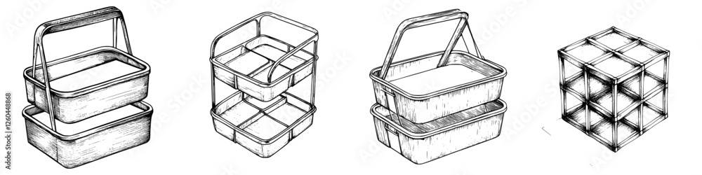 Poster creative designs of stacking storage containers in various arrangements displayed on a white backgro