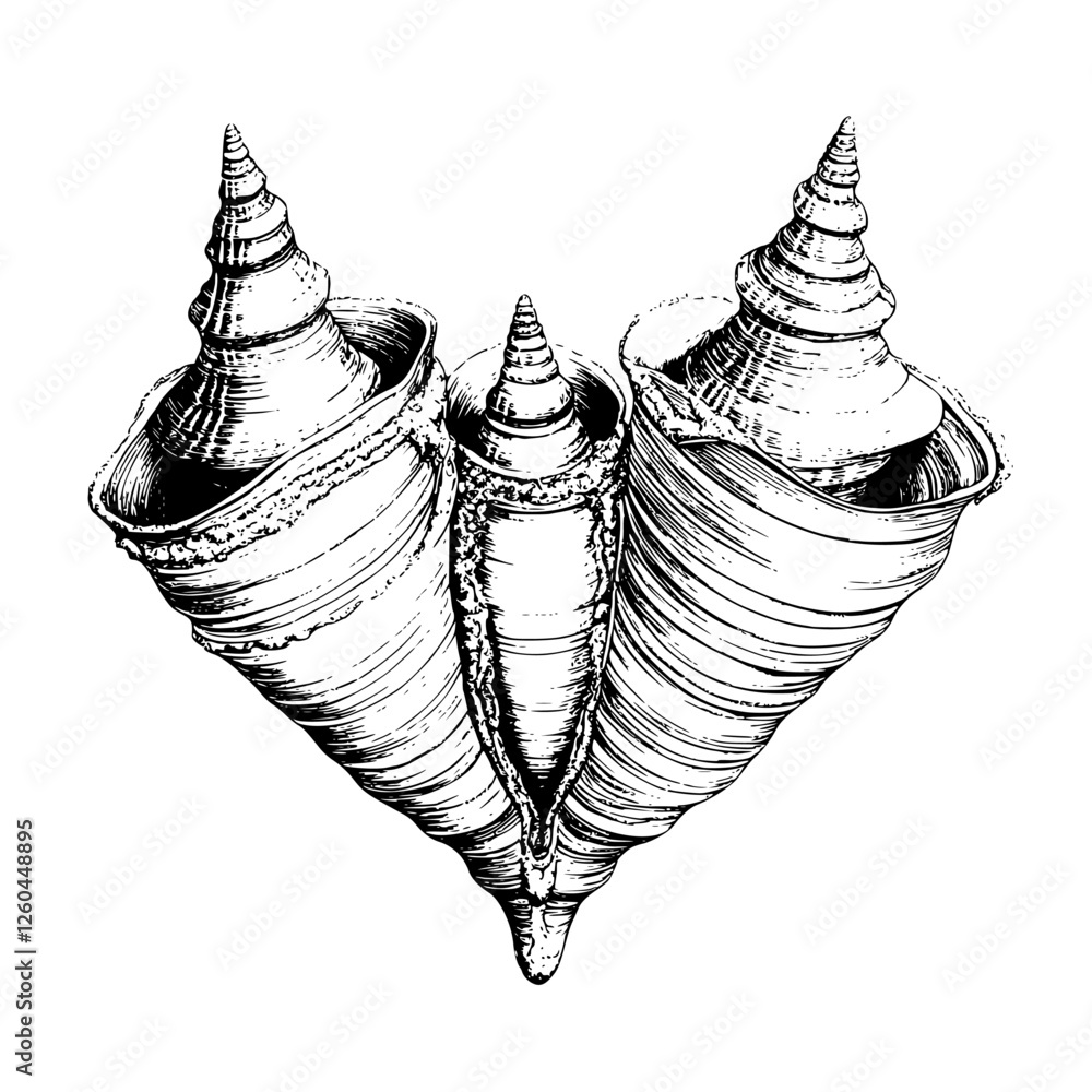 Poster unique intersection of three shell forms arranged symmetrically on a white background