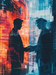 Fototapeta premium Business agreement concept with handshaking of businessmen at city background and digital screen with stock market graphs. Double exposure.