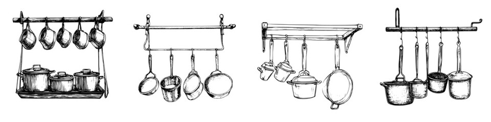Kitchen utensils displayed on wall racks, showcasing various pots and tools, emphasizing a rustic culinary environment