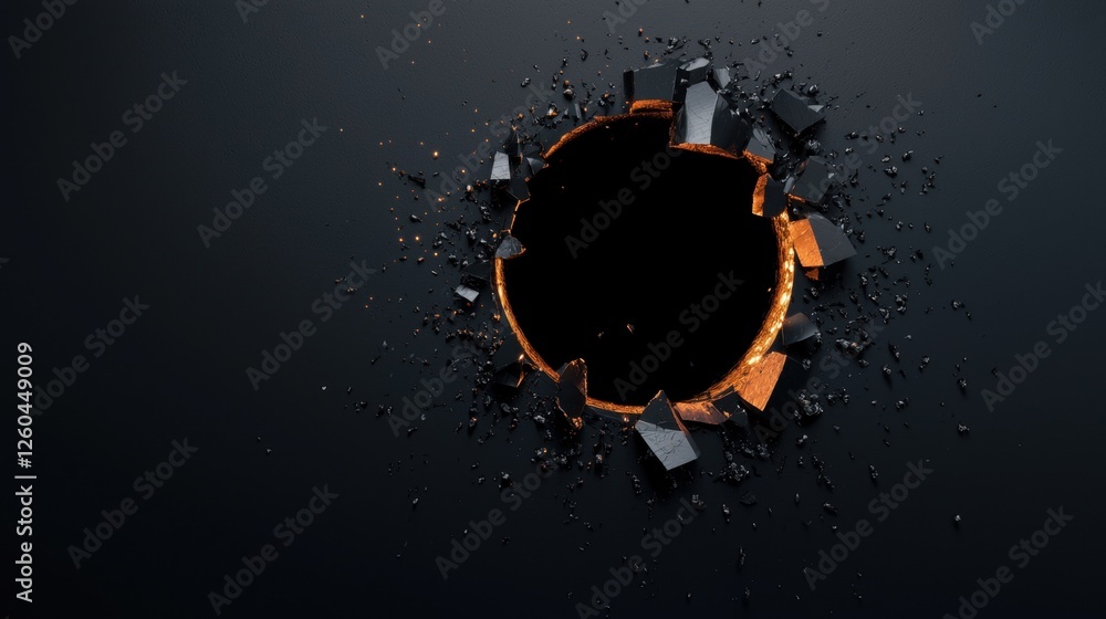 Poster 3d rendering of a circular hole in the center of a black background. the hole appears to be made up 