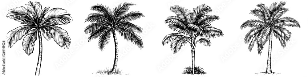 Poster multiple palm tree illustrations showcasing various shapes and sizes in black and white artistic ren
