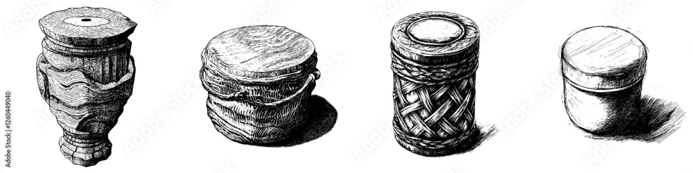 Poster detailed sketches of wooden containers showcasing intricate designs from various angles, illustratin