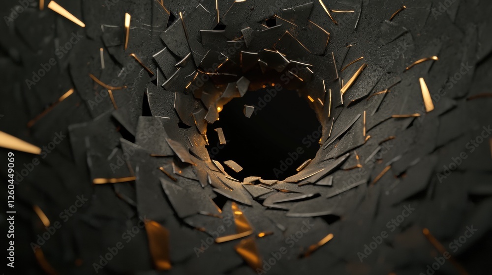 Poster close-up of a hole in a black surface. the hole appears to be made of small, irregularly shaped piec