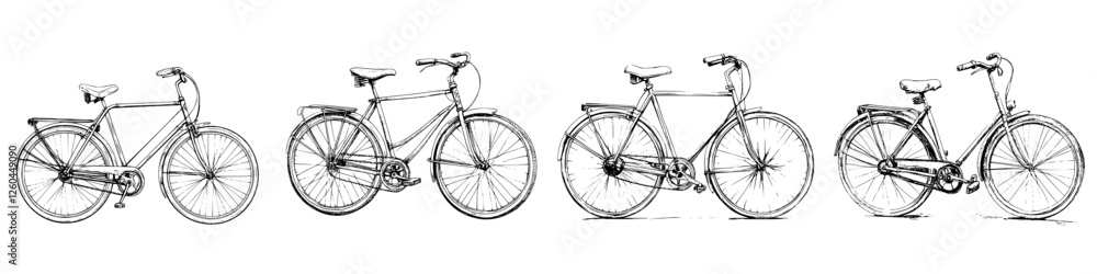 Poster various styles of bicycles lined up in a row showcasing different designs and features