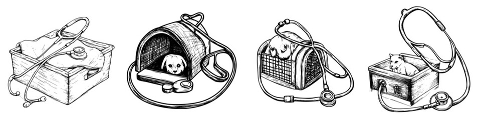 Veterinary tools and equipment used for pet care and examination in a clinical setting