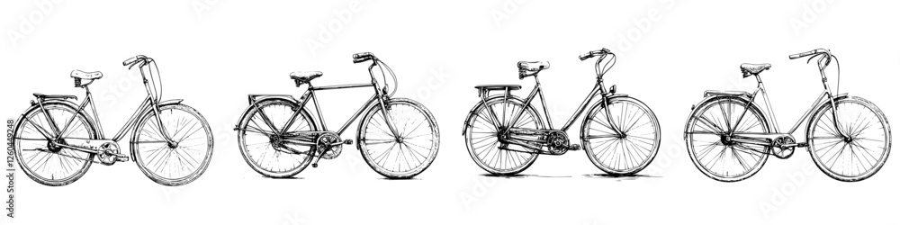 Poster various classic bicycles displayed in a row showcasing different styles and designs