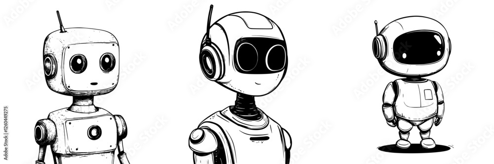 Poster various robot designs showcasing unique features and styles in a simple, minimalist setting