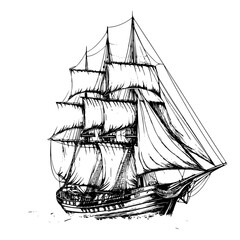 Detailed black and white illustration of a classic sailing ship with multiple sails in the open sea