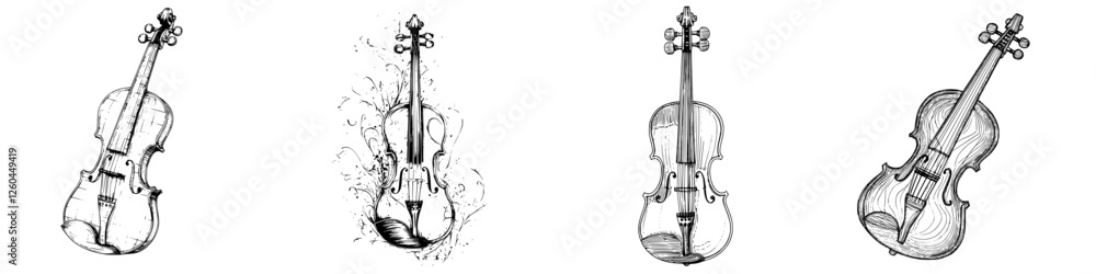 Poster collection of hand-drawn violins showcasing different styles and details in artistic representation 