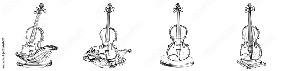 Poster creative illustrations of violins represented as different artistic objects in a minimalist style