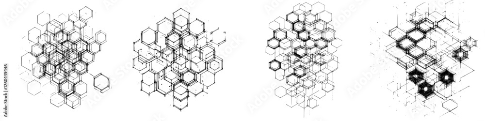 Poster abstract hexagonal patterns created with varying line thicknesses in a minimalist style showcasing g