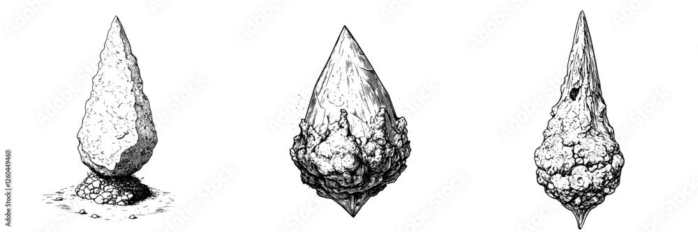 Poster unique illustrations of stone structures resembling conical peaks in a natural setting during daylig