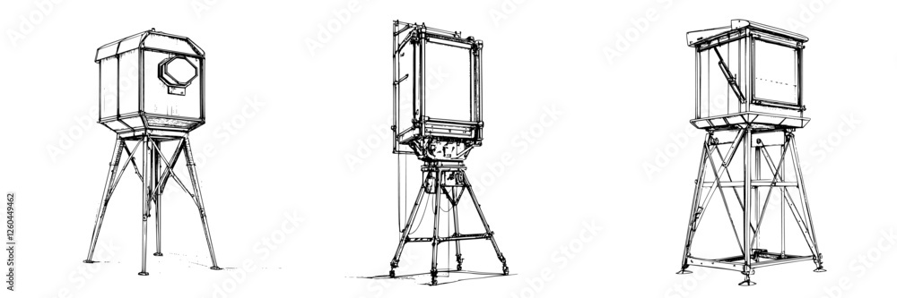Poster unique design of industrial equipment showcasing three different models with distinct structures and