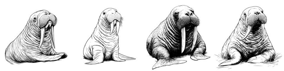 Detailed illustrations of walruses showcasing different poses and perspectives in a naturalistic style