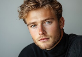 Fototapeta premium Young man with striking blue eyes and tousled blonde hair wearing a black turtleneck sweater against a neutral background, capturing a contemplative expression.