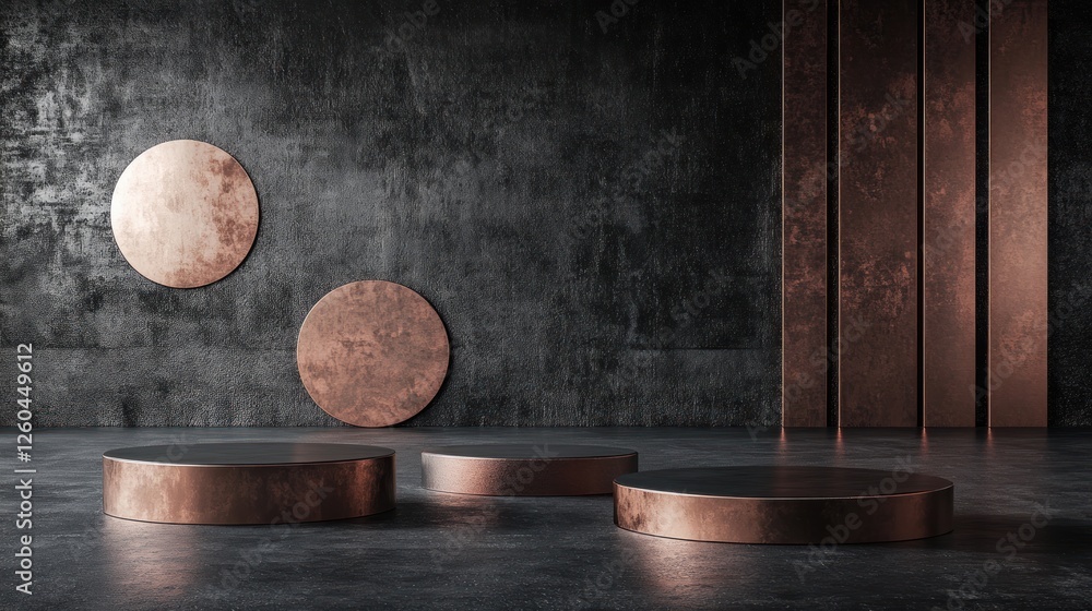 Poster modern minimalist interior with circular copper elements and textured dark walls in a studio setting
