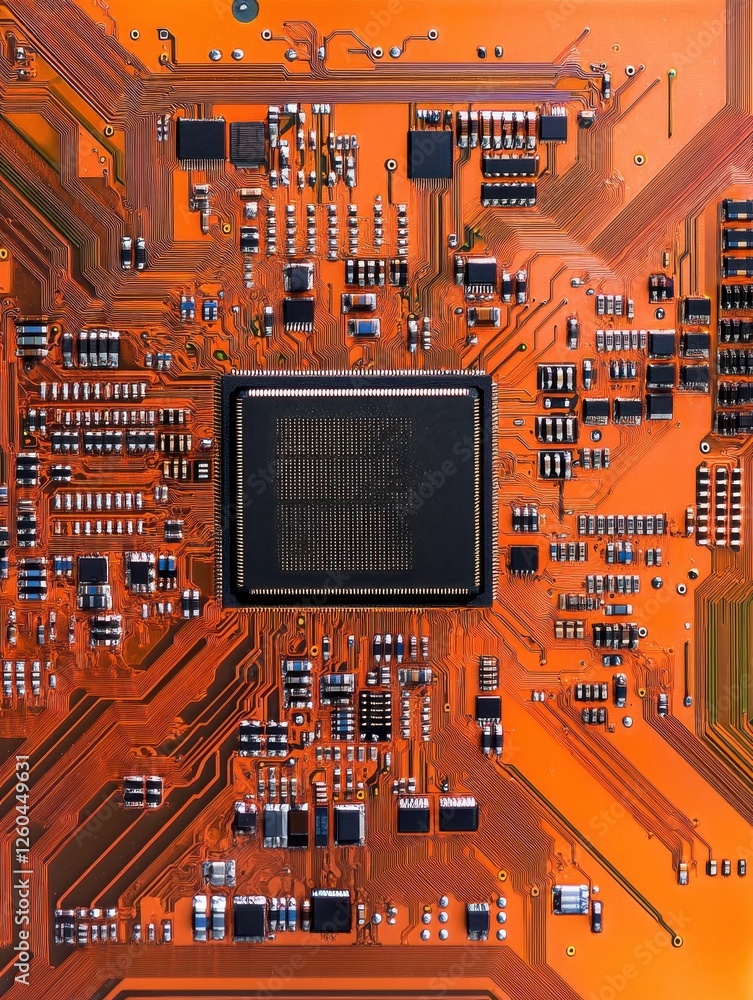 Poster candid close-up of advanced microchip cpu processor circuit board with digital lines