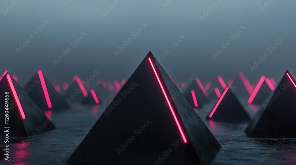 Poster group of black pyramids with pink neon lights shining on them. the pyramids are arranged in a grid-l