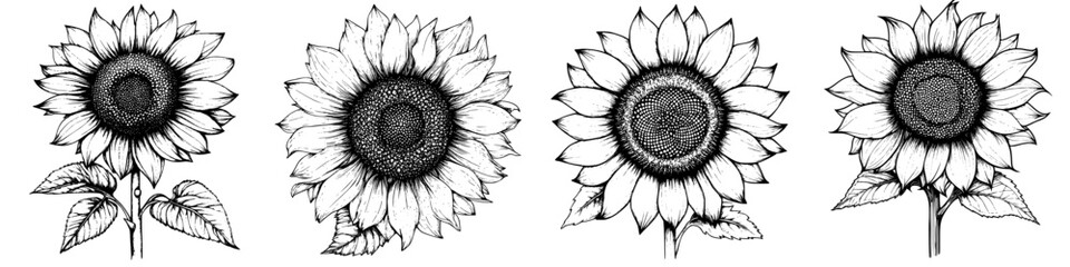 Vibrant sunflower illustrations showcasing unique stages of bloom in black and white artistry