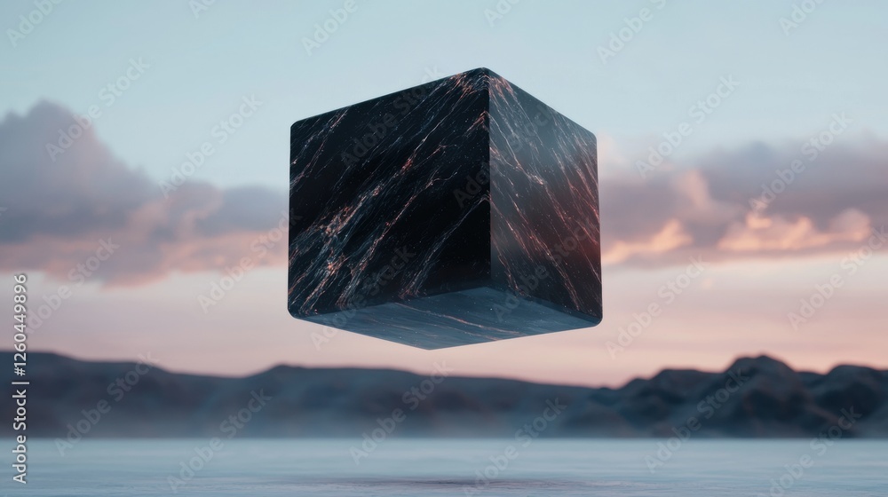 Aufkleber 3d rendering of a cube floating in the air over a body of water. the cube is black and appears to be