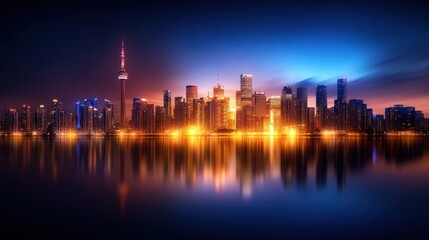 Fototapeta premium A stunning city skyline at twilight, showcasing modern skyscrapers illuminated by warm lights reflecting on calm waters, creating a captivating urban landscape.