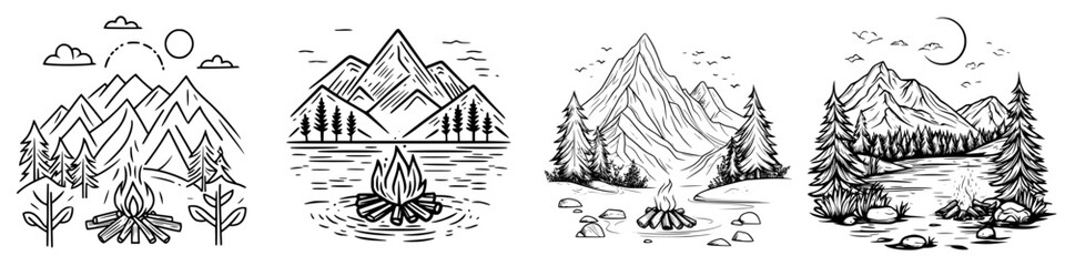 Nature-inspired line drawings of mountains, water, and campfires ideal for outdoor adventure themes