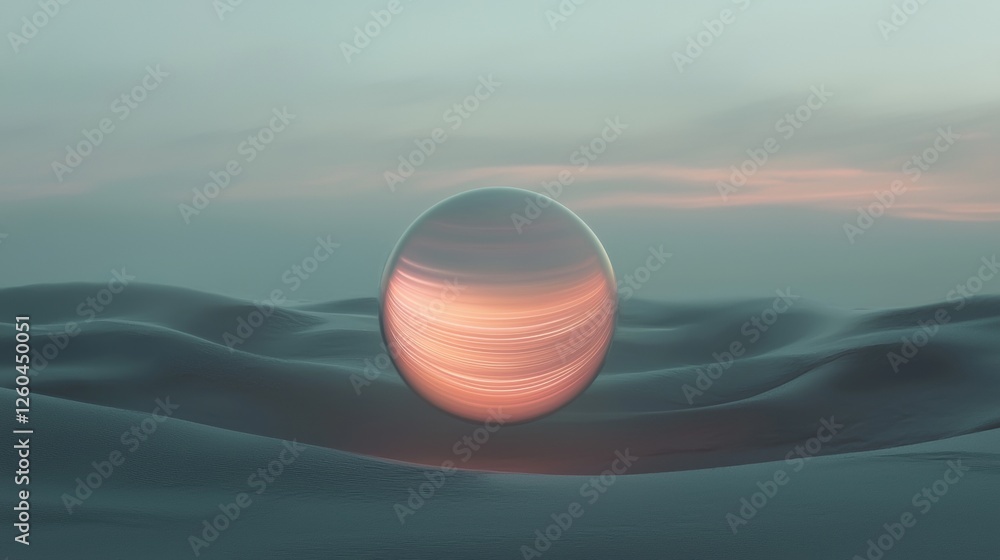Poster digital illustration of a sphere in the middle of a vast landscape. the sphere is spherical and appe