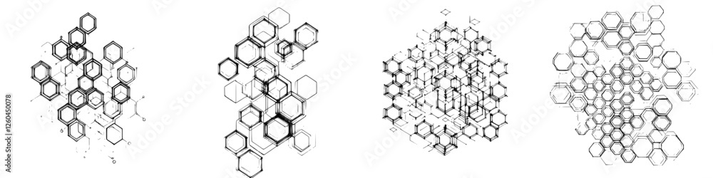 Poster artistic representation of hexagonal and honeycomb patterns in abstract black and white design