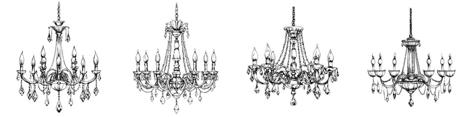Fototapeta premium Elegant chandeliers displayed in various designs showcasing intricate details and artistic craftsmanship from historic decor styles