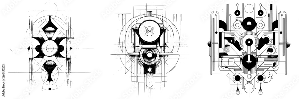 Poster unique black and white abstract illustrations with geometric patterns created using intricate line w