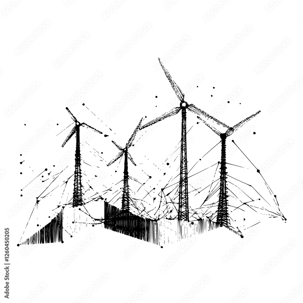Poster wind turbines generate renewable energy in an advanced wind farm setting with dynamic lines and arti