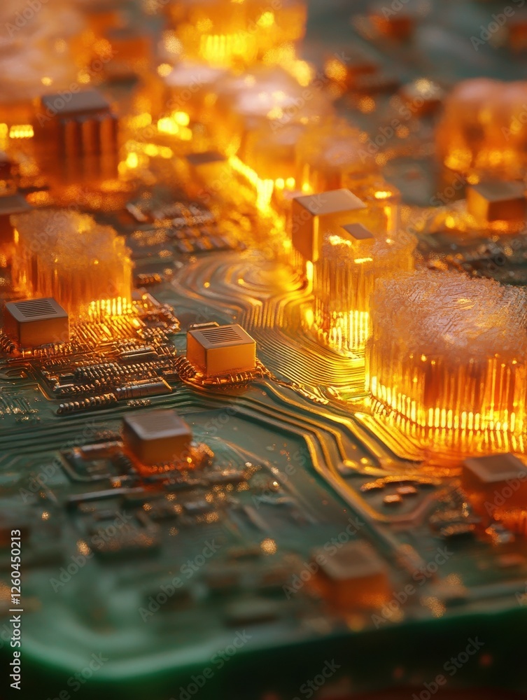 Poster circuit board with softly shimmering pathways and glowing chips