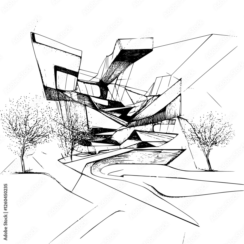 Poster modern architectural design featuring dynamic structure and unique shapes in an urban landscape with