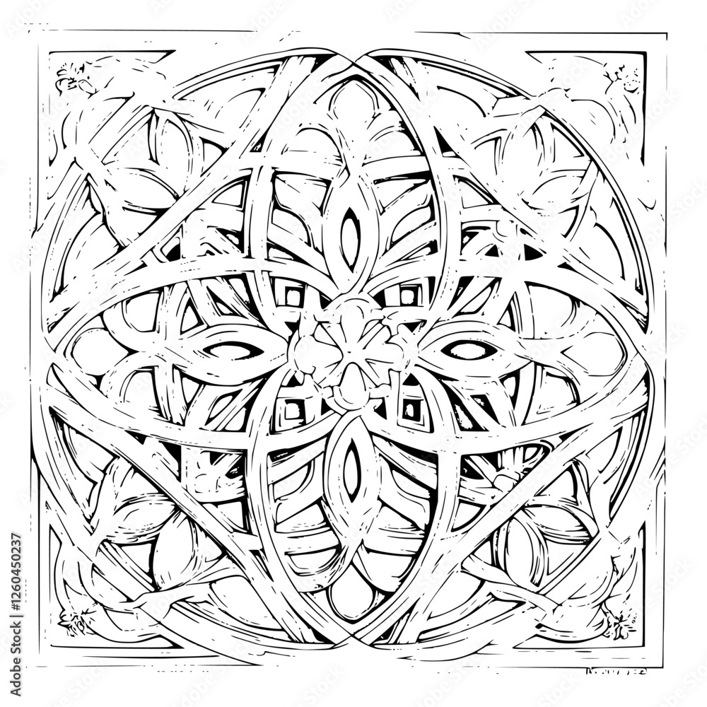 Poster intricate geometric design featuring floral patterns and interwoven shapes in a symmetrical layout