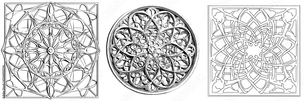 Poster intricate geometric designs featuring mandalas and patterns created with fine lines and detailed art