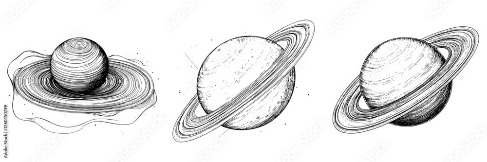 Poster artistic representations of saturn showcasing unique ring systems and surface details in a cosmic se