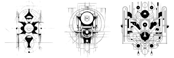 Unique black and white abstract illustrations with geometric patterns created using intricate line work and shapes